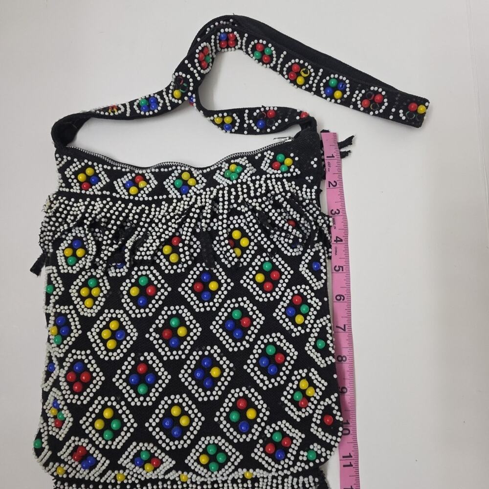 Vintage Beaded Candy Dot Purse Shoulder Bag Fringe Zipper Black Hippie Boho - Picture 8 of 12